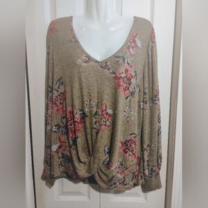 Maurices Tan and Pink Ruched Long Sleeve Blouse